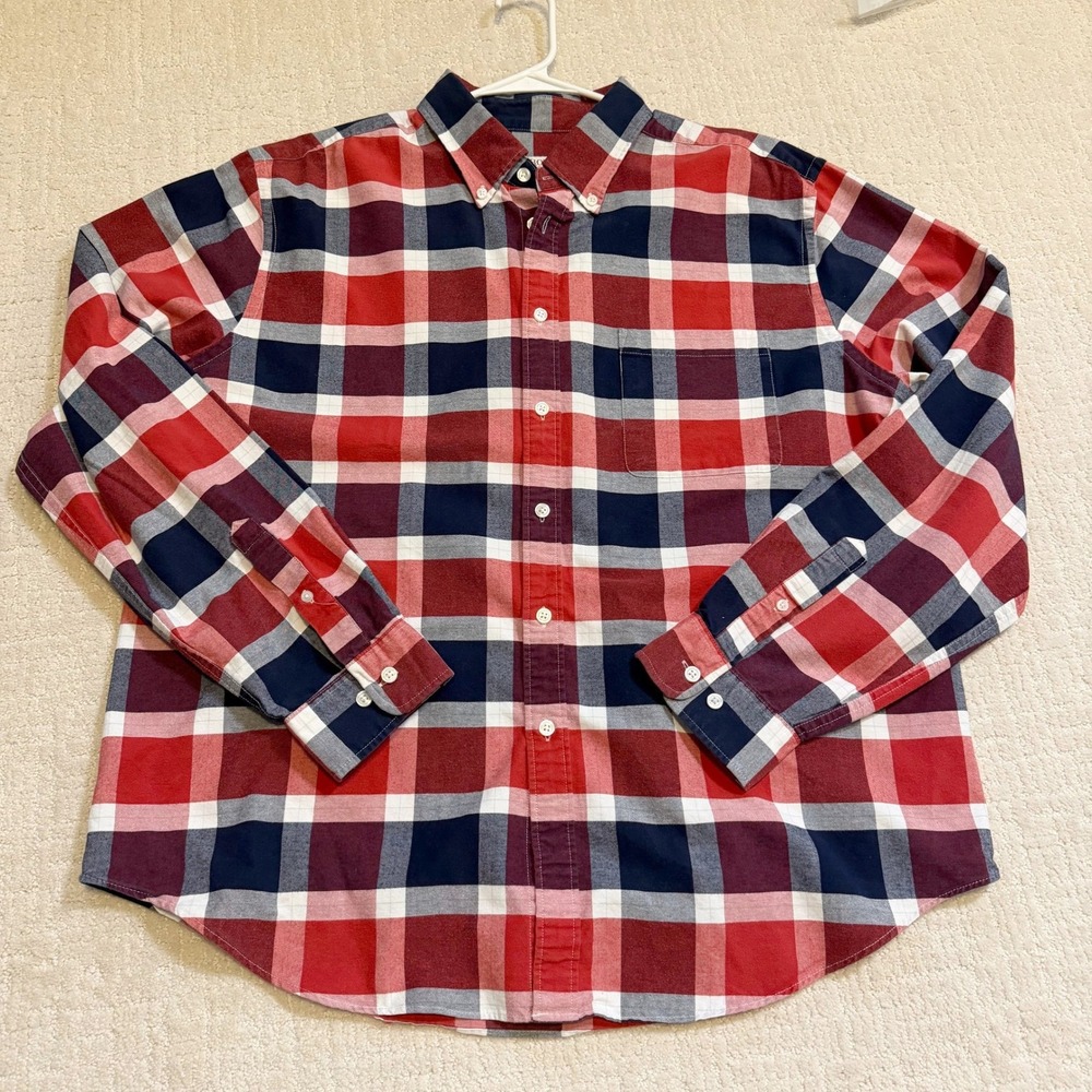 Merona Mens XL Plaid Button‎ Down Shirt Red Navy Blue White Cotton Long Sleeve